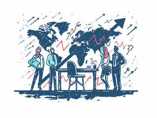Doodles showing Global trade, investing. The business team stands at a table in the shape of an rising arrow and discusses strategy and global growth goals.. Business vector illustration.