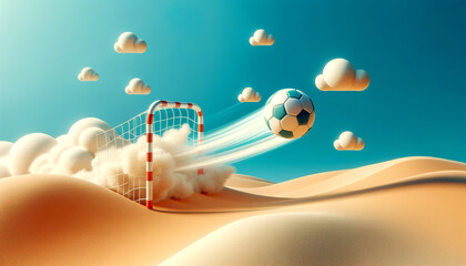 A soccer ball is dynamically captured in motion as it heads towards a goal net on a sandy beach with whimsical clouds in a clear blue sky.Sport abstract concept. AI generated.