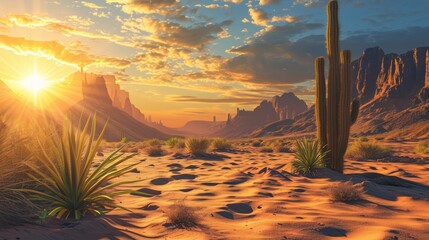 The background shows a wide expanse of desert during the day - obrazy, fototapety, plakaty