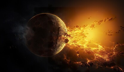 orange burning planet in open space, planet collapse in outer cosmos, astronomy concept