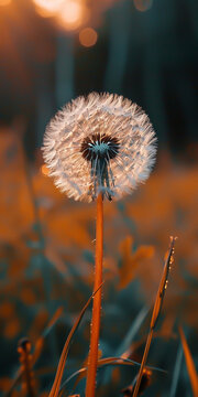 A peaceful image of a single dandelion, ready to spread its seeds in the wind.