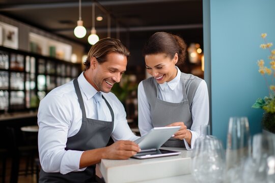 Two happy restaurant workers using a tablet