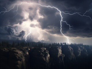 lightning in the sky among the clouds over the rocks, dark clouds, created with Generative AI technology