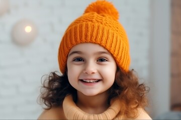 Portrait of a smiling little girl in a hat and sweater.