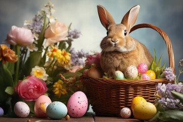 Fototapeta na wymiar Easter bunny in basket with flowers and eggs. Happy Easter background