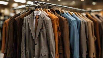 Image of a Row of Expensive Men's Suits Hanging on a Hanger in a Store Display