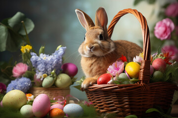 Fototapeta na wymiar Easter bunny in basket with flowers and eggs. Happy Easter background