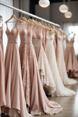 Image of a Row of Wedding Dresses Hanging on Hangers, Store Display