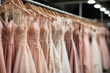 Image of a Row of Wedding Dresses Hanging on Hangers, Store Display