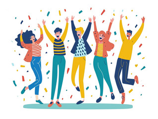 Fototapeta na wymiar Doodles showing Success and joy. A group of six friends celebrate a success together. Vector flat style illustration.