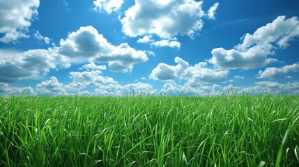 Obraz premium A background of green grass and blue clouds with ample copy space for text