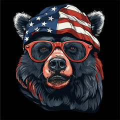 Vector design for t-shirt. 
Bear with glasses with american flag 
tied in bandana on head on black background. 
Fashionable print for fabric, paper, men clothing,
hoodie, biker jacket.