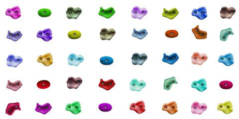 Set of grips different colors and shapes for climbing wall isolated on white background / set collection of various artificial climbing holds / bouldering extreme sport