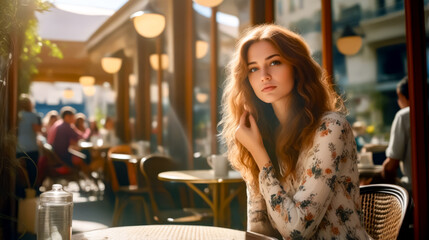 Beautiful young woman sitting at table in front of restaurant window. - Powered by Adobe