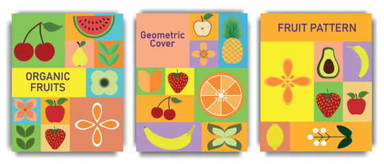 Geometric poster with fruits and berries. Set of abstract geometric pattern background with food. Colorful vector design template for cover, poster, brochure, banner, menu. Vector