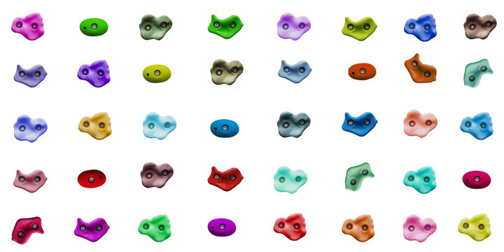 Set of grips different colors and shapes for climbing wall isolated on white background / set collection of various artificial climbing holds / bouldering extreme sport