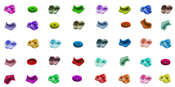 Set of grips different colors and shapes for climbing wall isolated on white background / set collection of various artificial climbing holds / bouldering extreme sport - Powered by Adobe