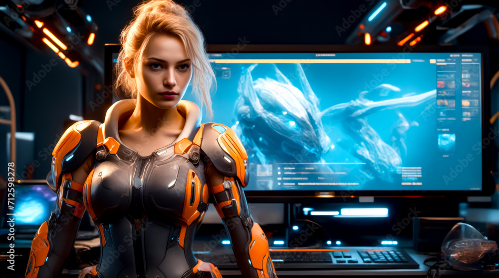 Poster woman in futuristic suit standing in front of computer monitor and keyboard.