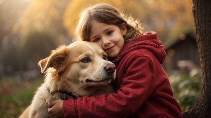 girl hugging pet dog