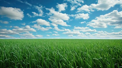 Obraz premium Green grass and blue clouds backdrop, designed with generous copy space for text. 