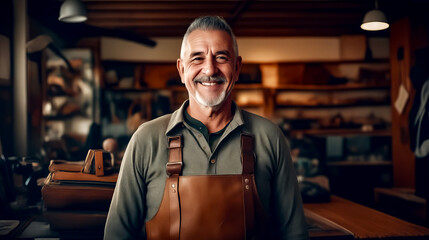 Man wearing leather apron and smiling at the camera in shop.