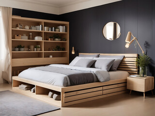 Comfortable bed with storage space for bedding under a slatted base in stylish room design.
