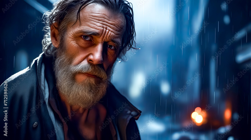 Poster close up of man with beard and beard in the rain.