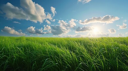 Obraz premium A background of green grass and blue clouds with ample copy space for text