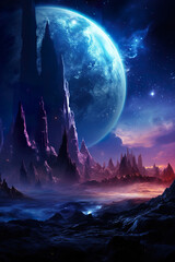 Naklejka na ściany i meble far alien planet with mountain landscape and moons with stars and nebulas in sky, distant fantasy world in open space, colorful illustration 