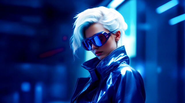 Woman with white hair wearing sunglasses and blue leather jacket in futuristic setting.