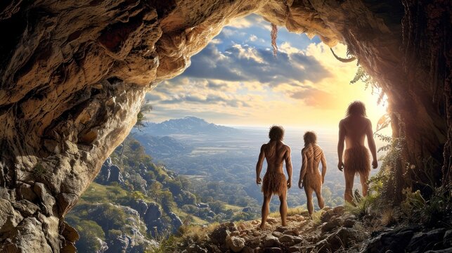 cavemen coming out of a big cave