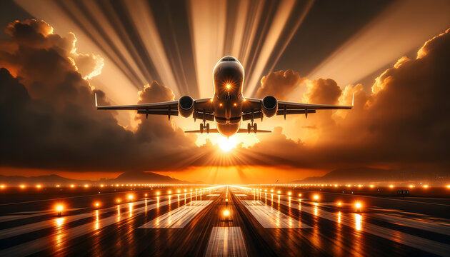Sunset takeoff: airplane ascending into a radiant sky on a lit runway