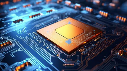 Computer Circuit Board Illuminated by Blue Light Generative Ai