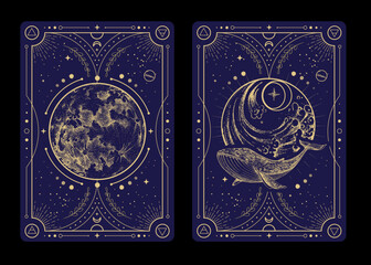 Set of Modern magic witchcraft cards with full moon and whale. Hand drawing occult vector illustration of whale, water and moon.