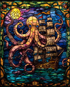 Oktopus greift Schiff an - Tintenfisch Mosaik Wallpaper - Kraken Action Bild - Ai-Ki generiert