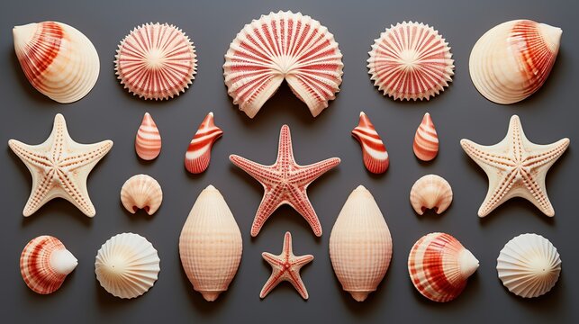 Set of seashells and starfish  in white background ai generative