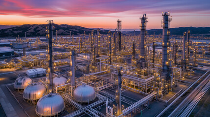 Aerial View of Industrial Refinery at Twilight.