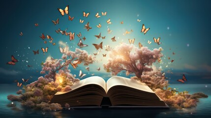 Open book with flying butterflies on the pages