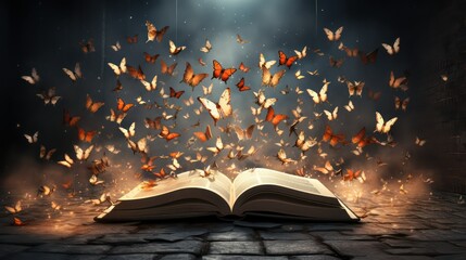 Opened book with flying butterflies and rays of light over brick wall