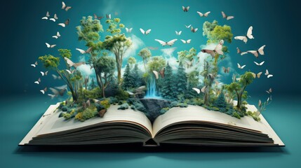 Open book with green forest and flying butterflies. Ecology concept