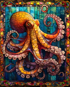 Tintenfisch Mosaik Wallpaper - Kraken Illustration - Buntes Oktopuss Mosaik Bild - Ai-Ki generiert