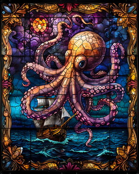 Oktopuss greift Schiff an - Tintenfisch Mosaik Wallpaper - Kraken Ozean Poster - Ai-Ki generiert