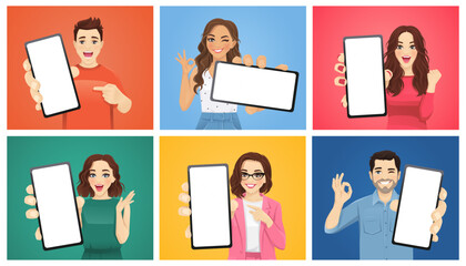 Portraits of surprised young women and men showing blank phone screen vector illustration on different colorful backgrounds set - obrazy, fototapety, plakaty
