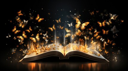 Beautiful magic book with flying butterflies on black background