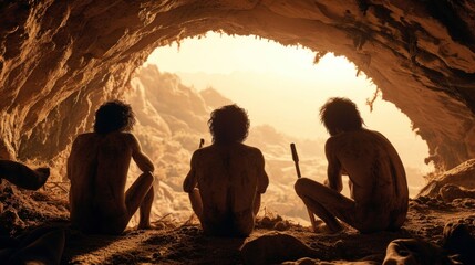 first cavemen coming out of a cave - obrazy, fototapety, plakaty