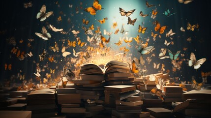 Open book with flying butterflies and rays of light