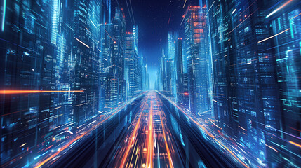 Fototapeta na wymiar Futuristic Cityscape with Glowing Traffic Trails