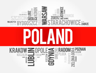 List of cities and towns in Poland, word cloud collage, business and travel concept background - obrazy, fototapety, plakaty