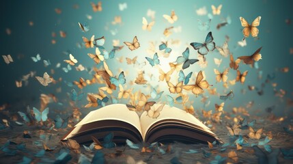 Opened book with flying butterflies on pages. Concept of education