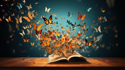 Opened book with flying pages and butterflies flying out on wooden table